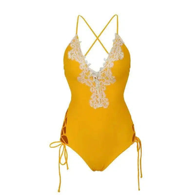 Side strap bikini one-piece deep V show swimsuit-yellow-2