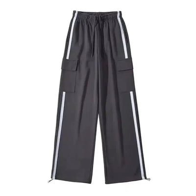 Side Stripe Stitching Women's Drawstring Pocket Casual Pants-Carbon ash-5