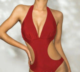 Simple Solid Color Hollow One-piece Bikini Swimsuit-1