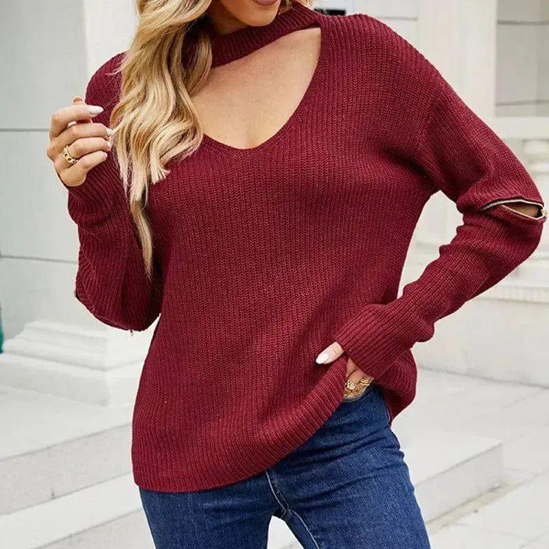 Sleeve Zipper Solid Color And V-neck Halter Sweater For-5