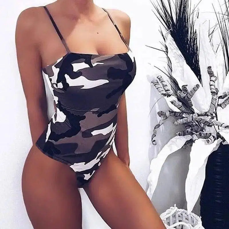 Slim-Fit Suspender Camouflage One-Piece Swimsuit Jumpsuit-Grey-3