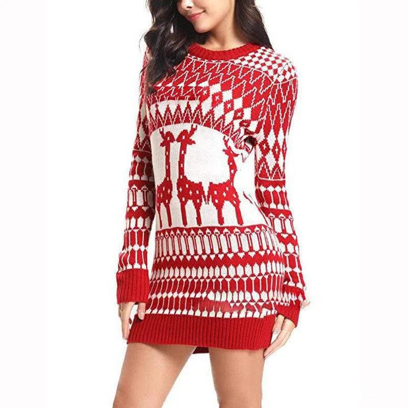 Slim Long Sleeve Fawn Women's Christmas Sweater-Red-1