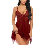 Sling Lingerie Lace Side Deep V Pajamas-Red-3