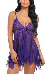 Sling Lingerie Lace Side Deep V Pajamas-Purple-5