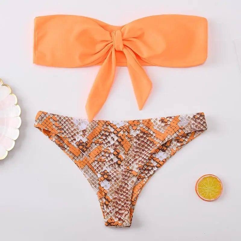 Snake print women's split swimsuit-Orange-3