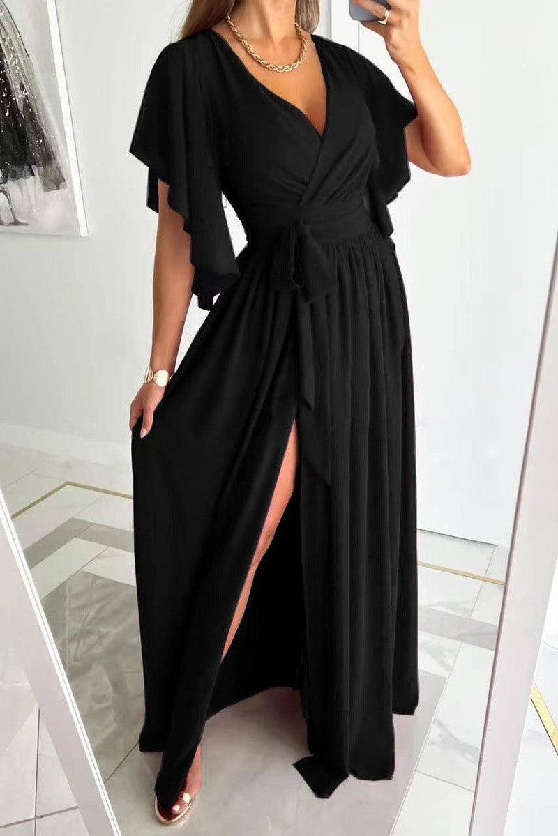 Solid Color Bell Sleeve Loose V-neck Mop Dress-Black-7