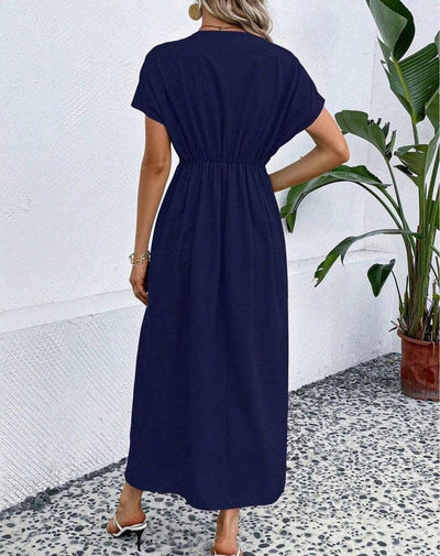 Solid Color Deep V Shoulder Sleeve Folding Elastic Waist-Navy Blue-12