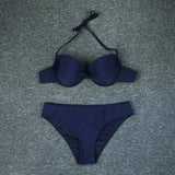 Solid Color Hard Bag Backless Bikini Swimsuit Women-Navy-1