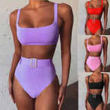 Solid color high waist imitation diamond bikini-1