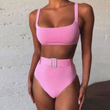 Solid color high waist imitation diamond bikini-Pink-3