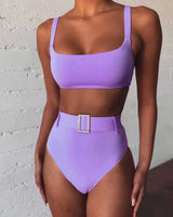 Solid color high waist imitation diamond bikini-Purple-4