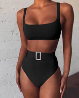 Solid color high waist imitation diamond bikini-Black-5