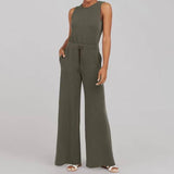 Solid Color Jumpsuit Sleeveless Tops Tie Elastic Pants Romper-Green-9