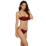 Solid Color Nylon Fabric Split Bikini Bikini-WineRed-5