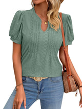 Solid Color V-neck Puff Short-sleeved T-shirt Fashion Summer-Green-5