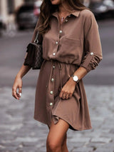 Solid Color Waist Belt With Buttons And Sleeves Dress-Coffee-3