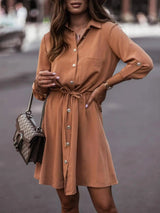 Solid Color Waist Belt With Buttons And Sleeves Dress-Khaki-4