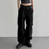 Solid Color Waist Cuff Lace Loose Cargo Pocket Lounge Pants-Black-3