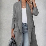 Solid Colour Long Cardigan Pocket Tweed Jacket-Grey-2