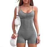 Spaghetti Strap Shorts Jumpsuit Sports Yoga Workout Tight-Grey-11