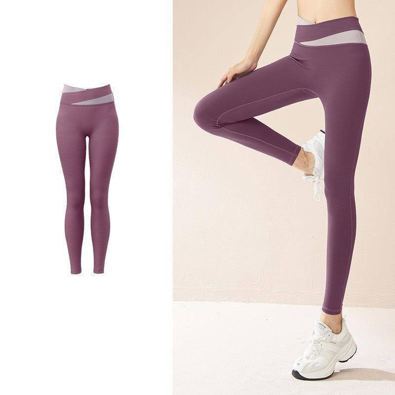 Spliced High Waist Yoga Pants Butt Lift Seamless Leggings-Purple-6