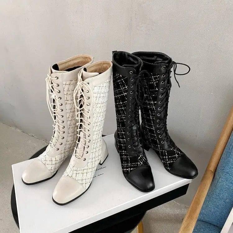 Spliced Lace-up High Boots For Women-1