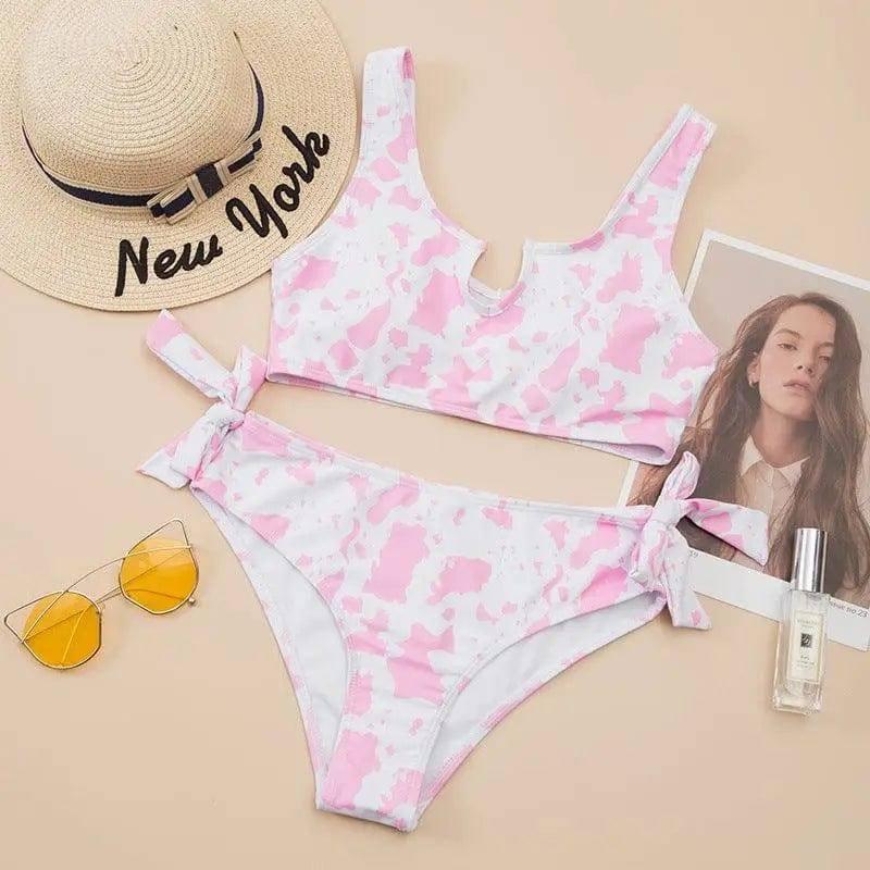 Split Cow Print Bow Bikini Swimsuit Women-Pink-3