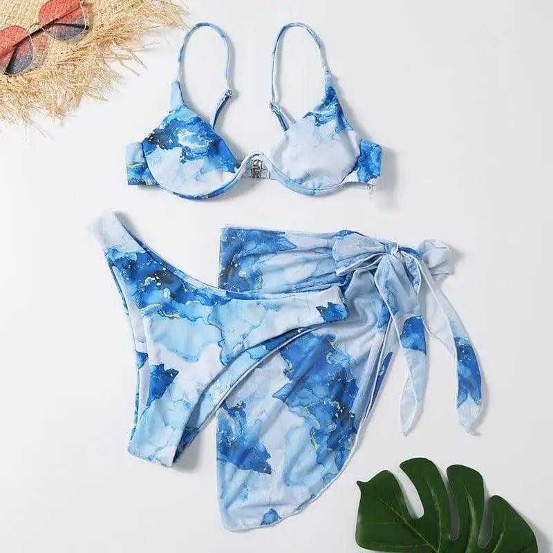 Split Printed Three-piece Swimsuit One-piece Bikini-Blue-4