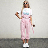 Strap rivet casual pants bib female-Pink-8