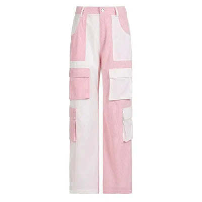 Street Shot Fashionable Color Contrast Multi Pocket Cargo-Pink-3