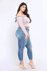 Stretch denim hole high waist ladies jeans-Lightblue-2