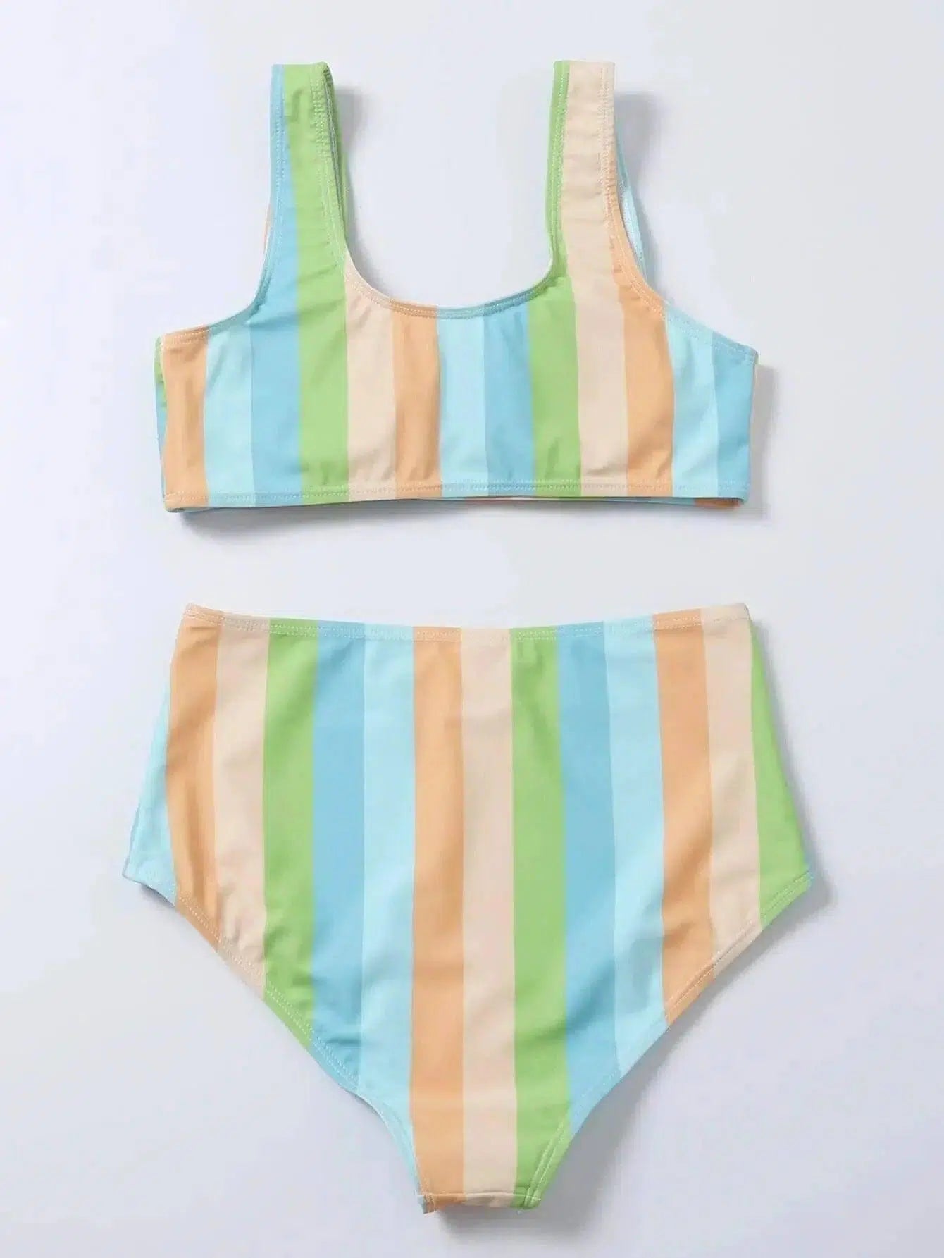 Striped Print Bikini High Waist Swimsuit-Green-4