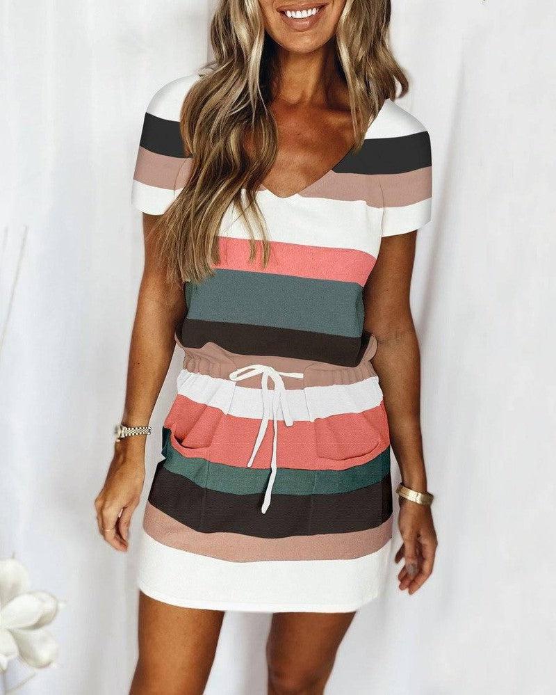 Striped Print Short-sleeved Dresses Summer Fashion V-neck-Dark Green-8