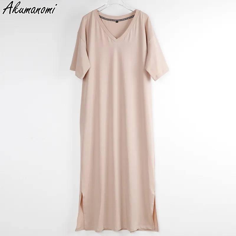 Oversized V Neck Plus Size Women Maxi Dress 4xl 5xl 6xl 7xl 8xl 9xl 10xl Summer Casual Loose Long Korean Harajuku Boho Dresses-Khaki-2