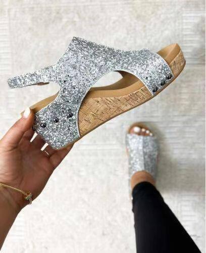 Summer Chunky Wedges Sandals Fashion Sequins Velcro Shoes-Silver-5