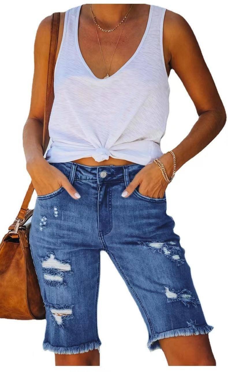 Summer Mid-waist Slim-fit Cropped Pants Ripped Tassel Jeans Dark Blue / 2XL-7