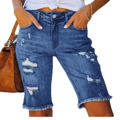 Summer Mid-waist Slim-fit Cropped Pants Ripped Tassel Jeans Dark Blue / 2XL-9