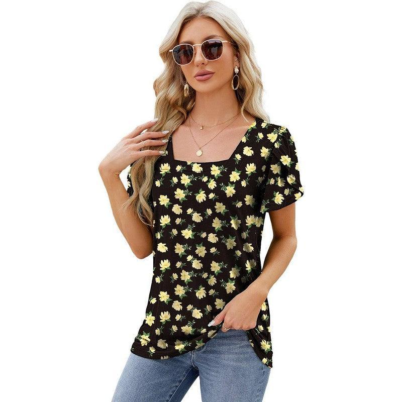 Summer Top Fashion Square Neck Printed Short-sleeved T-shirt With Petal Sleeve Design Bohemian Beach Loose T-shirt For Womens Clothing-Yellow Flower-10