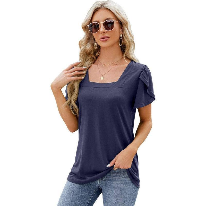 Summer Top Fashion Square Neck Printed Short-sleeved T-shirt With Petal Sleeve Design Bohemian Beach Loose T-shirt For Womens Clothing-Navy Blue-12