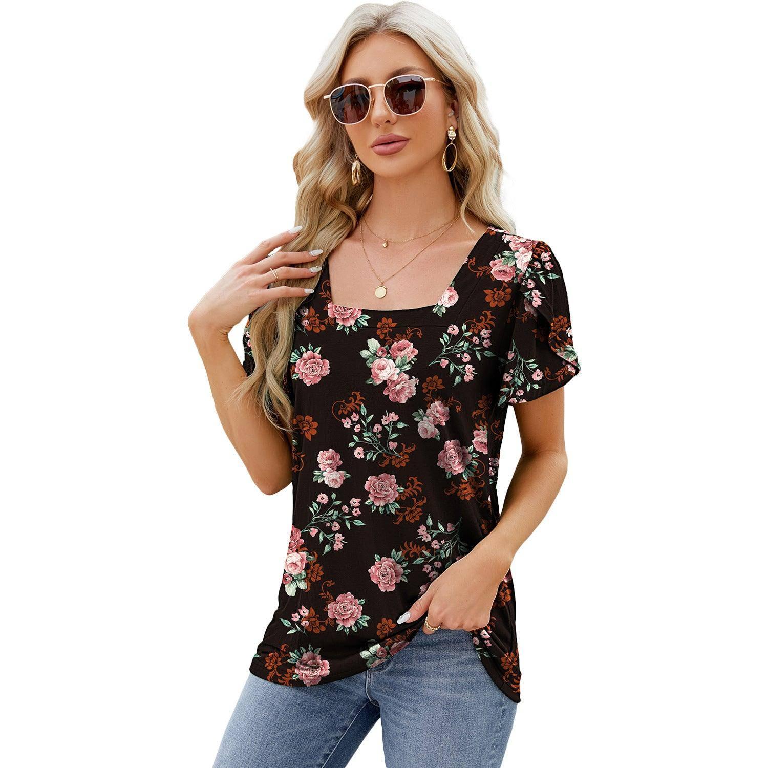 Summer Top Fashion Square Neck Printed Short-sleeved T-shirt-Black Flower-9