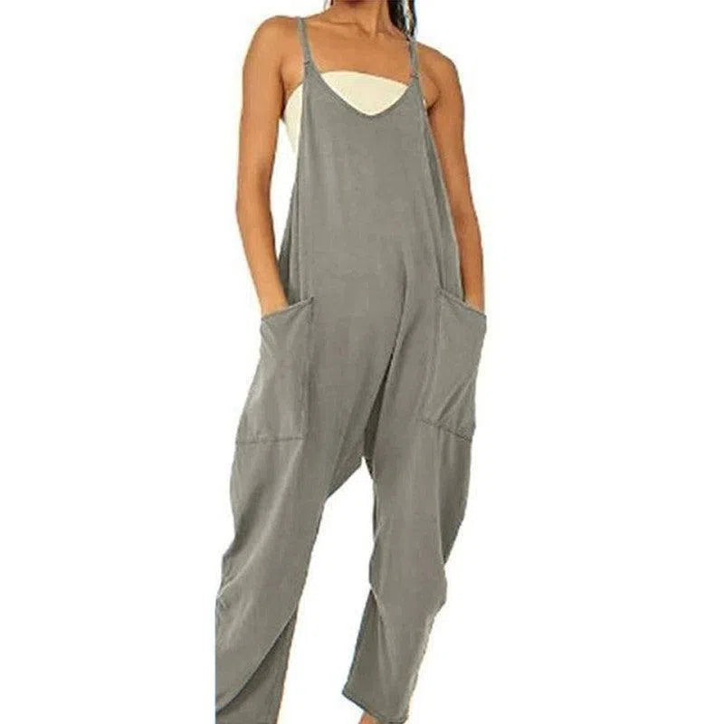 Summer Women's Loose Sleeveless Jumpsuits Spaghetti Strap Long Pant Romper Jumpsuit With Pockets Zipper-Dark gray-6