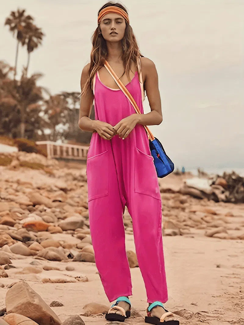 Summer Women's Loose Sleeveless Jumpsuits Spaghetti Strap Long Pant Romper Jumpsuit With Pockets Zipper-Purple-8