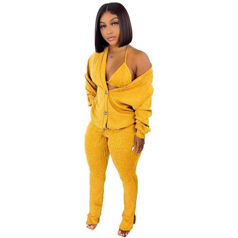 Sweater Coat Underwear Pocket 3-piece Set Suit-Yellow-4