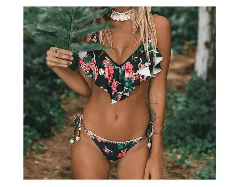 Swimsuit bohemian leaf print split bikini-1