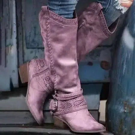 Thick-heeled Lace Belt Buckle Boots Plus Size Women-Purple-1