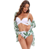 Three Piece Bikini Mesh Shawl Split Swimsuit High Waist-Greenleaves-5