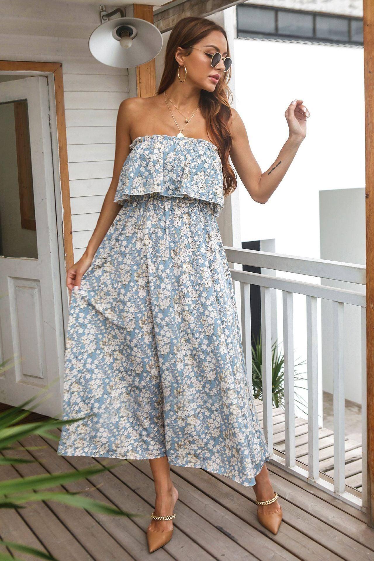 Trendy Floral Tube Top Dress-Light Blue-3