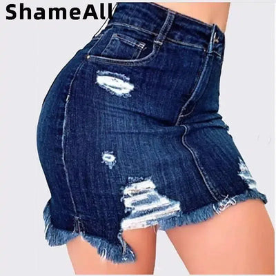 Plus Size Ripped Holes Bodycon Mini Denim Skirts 4XL 5XL Summer Ladies Tassel Short Pencil Skirts Wrap Jeans Skirt-1