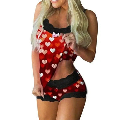 Two-piece Lingerie Sweet Print Suspenders-Red-3