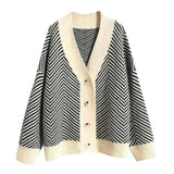 V Neck Diamond Striped Lazy Style Literary Knit Cardigan-Khaki-3